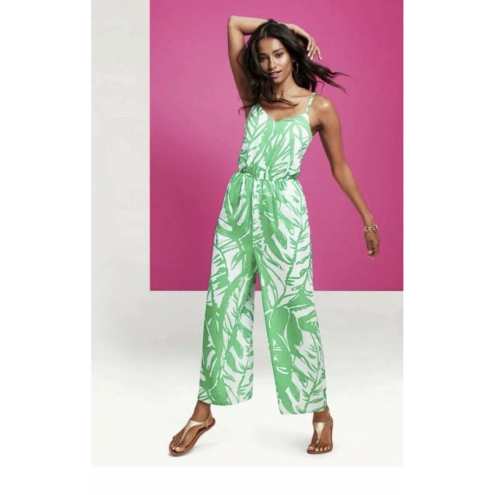 Lilly Pulitzer Target Boom Boom Jumpsuit Womens XS Green White Palm Wide Leg